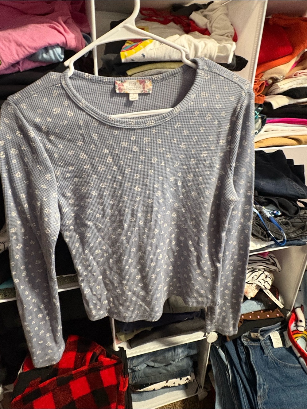 Pink Republic Light Blue Long Sleeve Thermal Top with White Floral Print